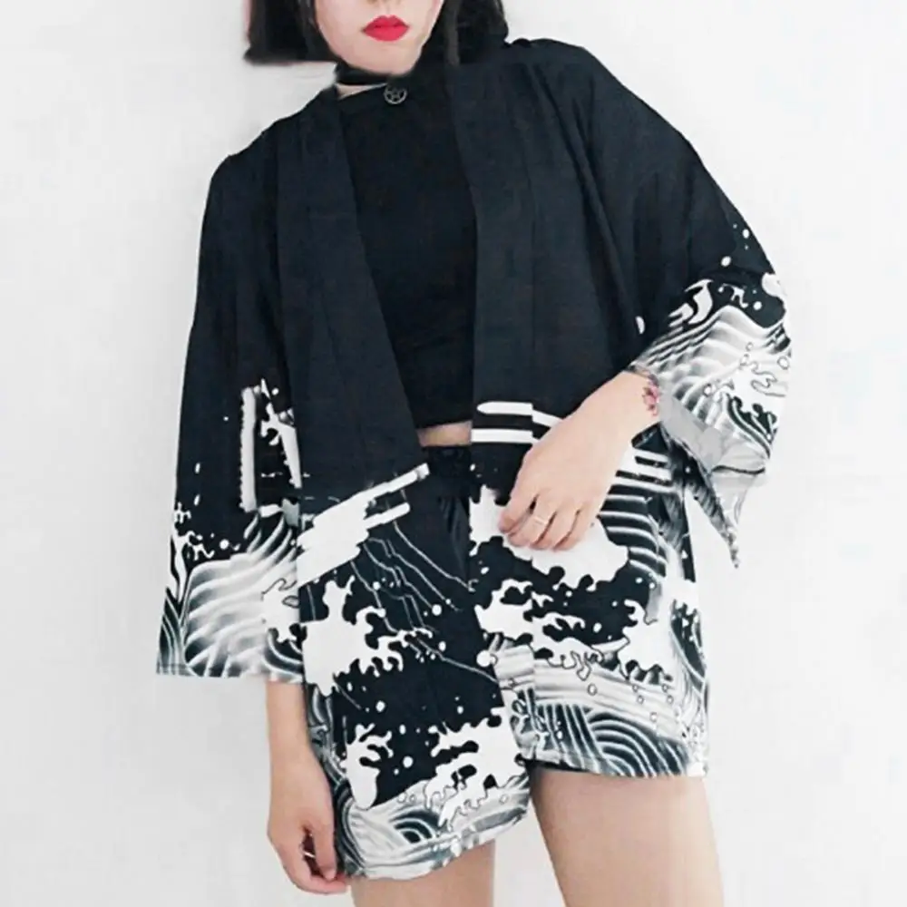 

Women's Tops Retro Summer Long Wave Printed Chiffon Clothes Sunscreen Cardigan Beach Cover Blouse