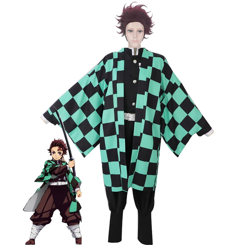 

Anime Demon Slayer Tanjirou Kamado Cosplay Costume Kimetsu no Yaiba Halloween Costumes Mens Kimono top+pants+jacket+belt