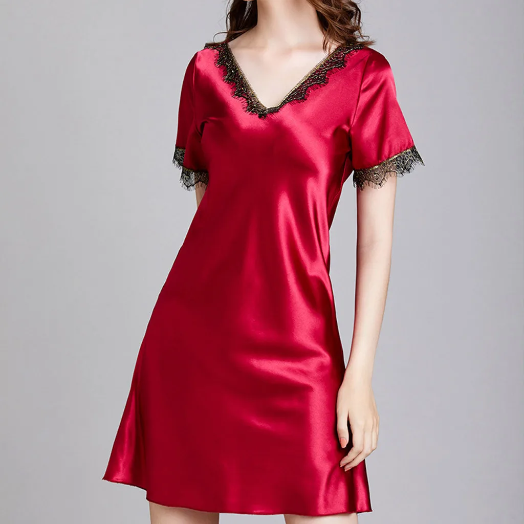 

Sexy Lingerie Sleepwear Women Lace Satin Short Sleeved Night Dress V Neck Sexy Nightgowns Summer Fashion Casual Home Nightwear