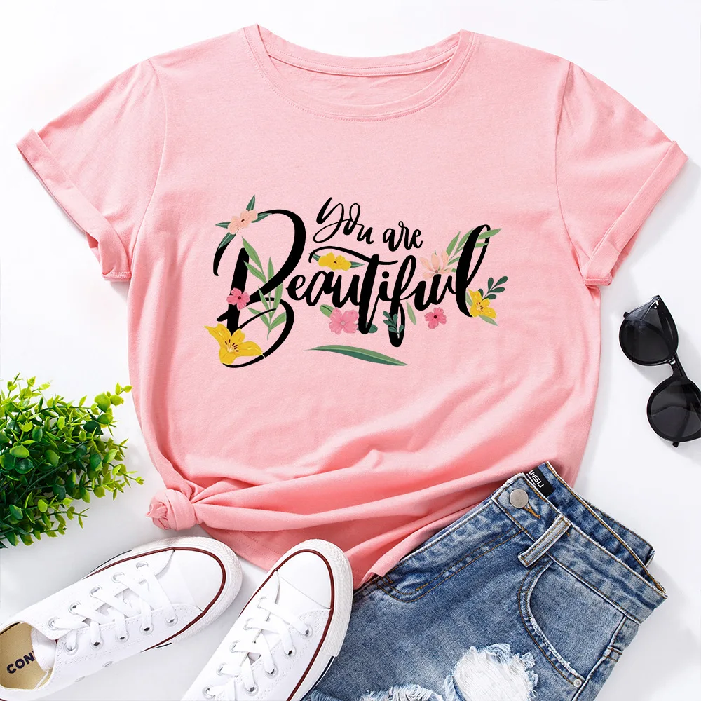 

Harajuku Letters Beautiful Print Women Tshirt Summer Flower Graphic Loose Soft Tops Casual O-neck Short Sleeve Basic Tee Shirt