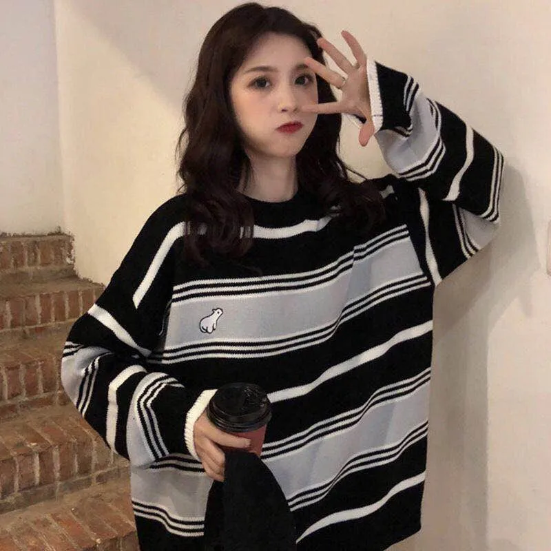 1 Полосатый Женский Kawaii Ulzzang Винтажный стиль круглый вырез колледж свободный свитер с облачком женский корейский Панк Тонкий милый свободный Harajuku - Цвет: 1