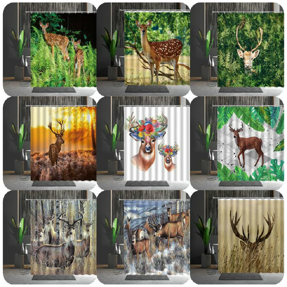 

Занавеска для душа, водонепроницаемая тканевая шторка для ванной комнаты с зелеными джунглями, растениями, животными, оленем, ландшафтом Аф...