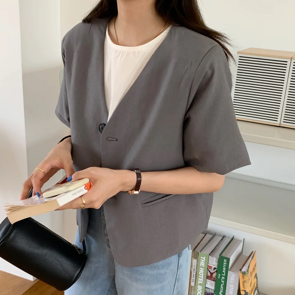 Женский короткий Блейзер однобортный пиджак с V-образным вырезом верхняя одежда
