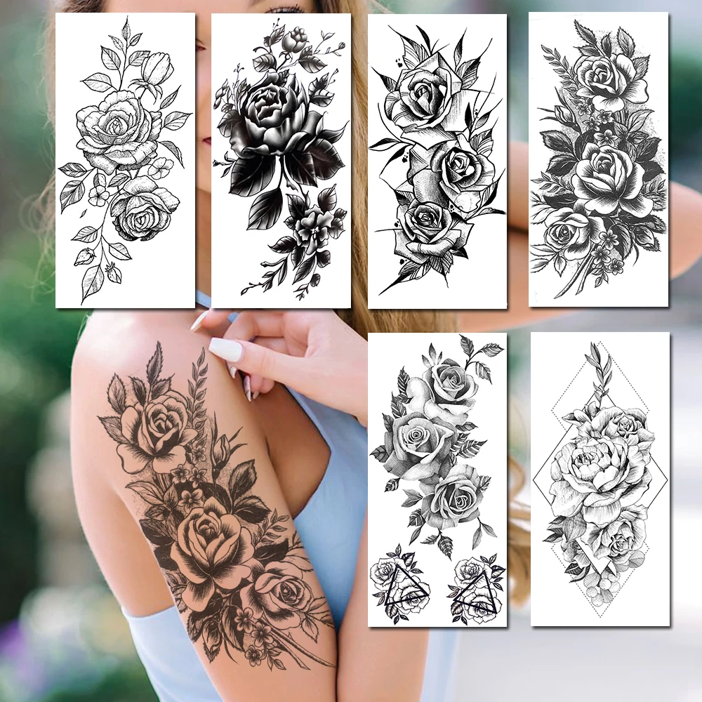 Sketch Flower Temporary Tattoos Realistic Fake Black Rose Peony Lotus Tatoos For Women Body Art Decor Tatoos For Party