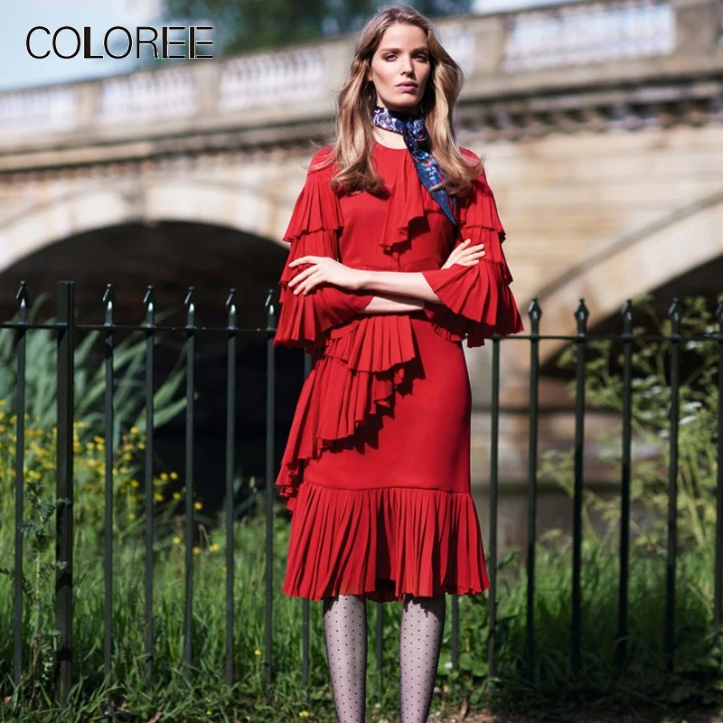 Женское дизайнерское подиумное платье элегантное шифоновое миди с оборками для