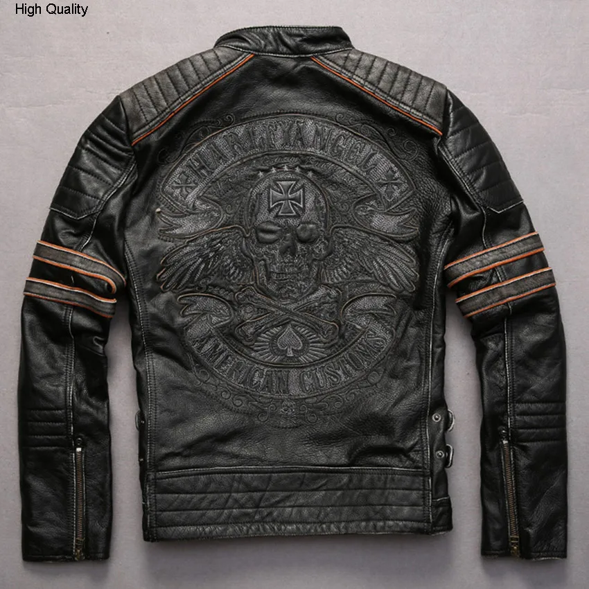 Мужская винтажная мотоциклетная куртка из натуральной воловьей кожи с вышивкой