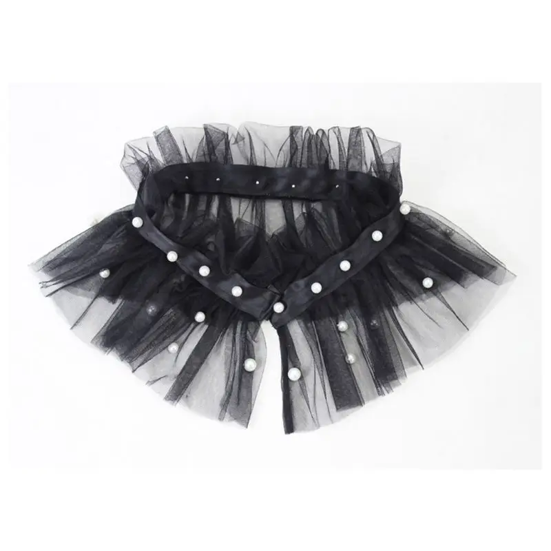 

Women Girls Sweet Pleated Ruffles Sheer Fake Collar Imitation Pearl Beaded Embellished Detachable Mesh Shawl Half Shirt