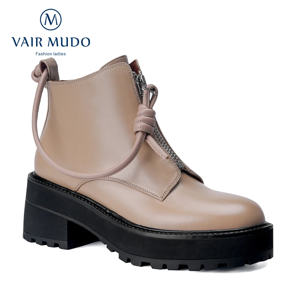 

VAIR MUDO Women Ankle Boots Shoes Thick Bottom Round Toe Genuine Leather Fashion Boots Shoes Waterproof Platform WM-X133-C
