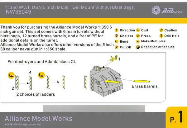 

1/350 WWII USN 5 inch 38 Caliber Mk38 Twin Mount wo/Blast Bags (6 Turrets/Set) NW35049 Model Kits