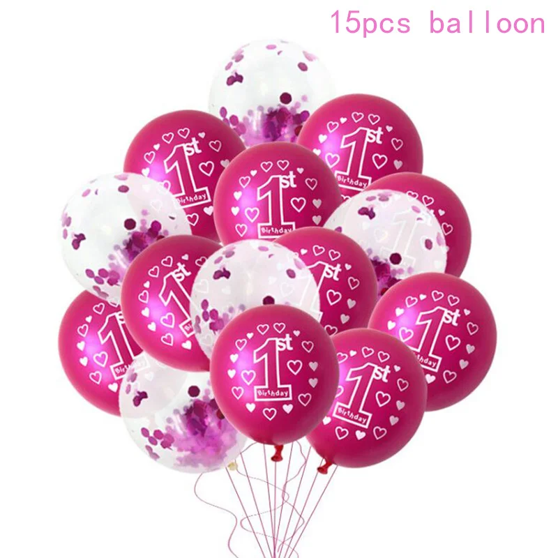15pcs balloon 10/15 шт, для девочек и мальчиков 1st на день рождения воздушные шарики розового и голубого цвета с конфетти шары из латекса 1 Year Old первый День рождения Декор Baby Shower поставки - Цвет: 15pcs balloon