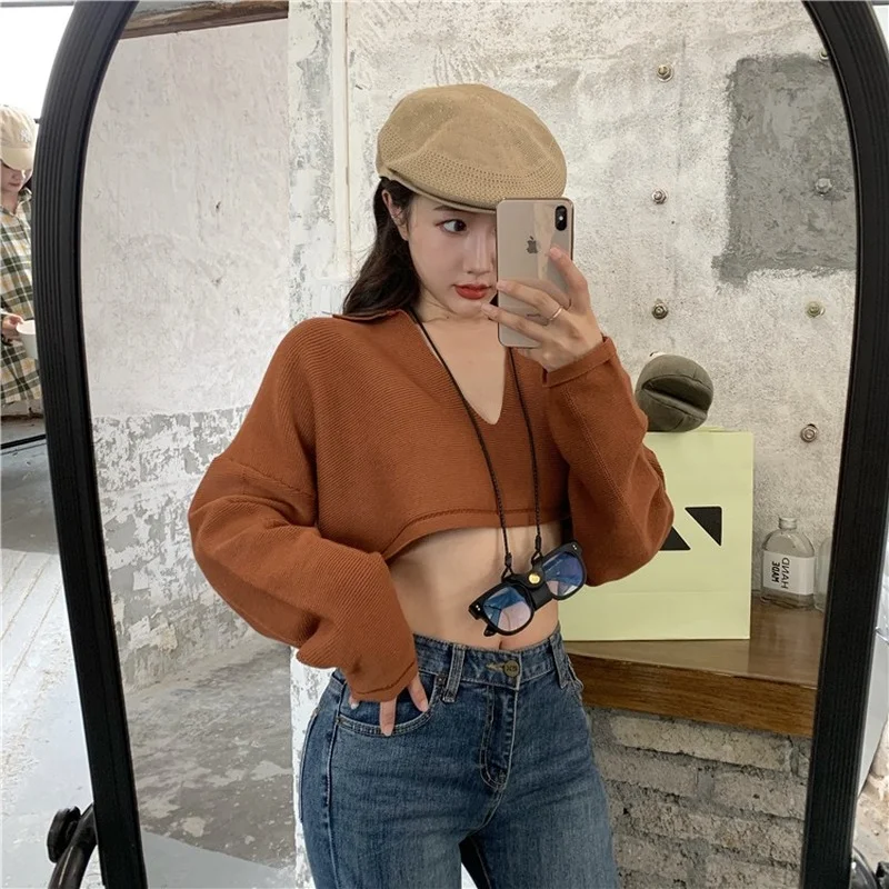 

Spring and Autumn High Waist Short V-neck Crop Tops Sexy Korean Fashion Pure Color Long Sleeve Knitted T-shirts Women's Clothes