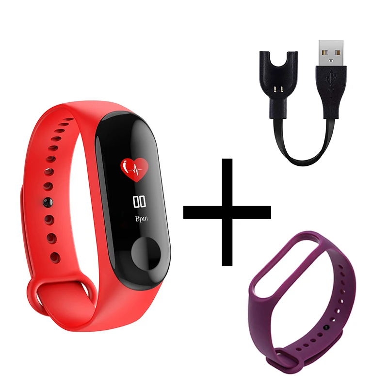 Red And Purple M3 мужской женский умный Браслет цветной экран Смарт-браслет IP67 Водонепроницаемый кровяное давление сердечный ритм фитнес умный Браслет - Цвет: Red And Purple