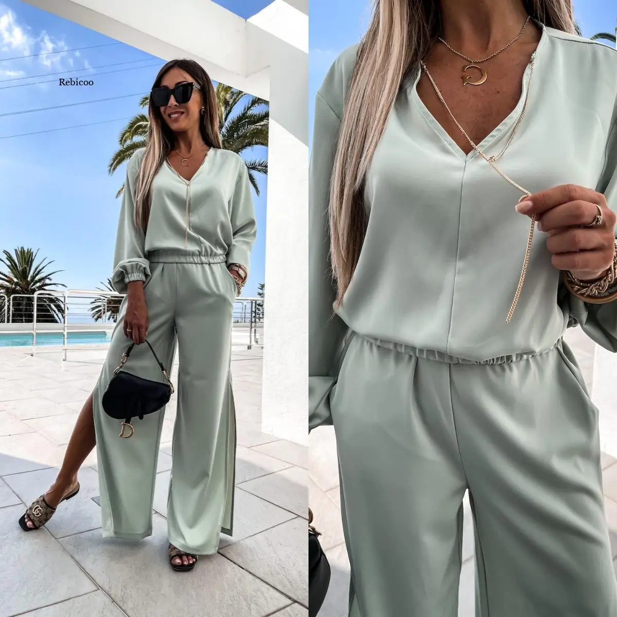 

V Neck Home Suit For Women Sleepwear High Waist Flare Pants Spring Long Sleeve Satin Pajamas Set Female Homewear