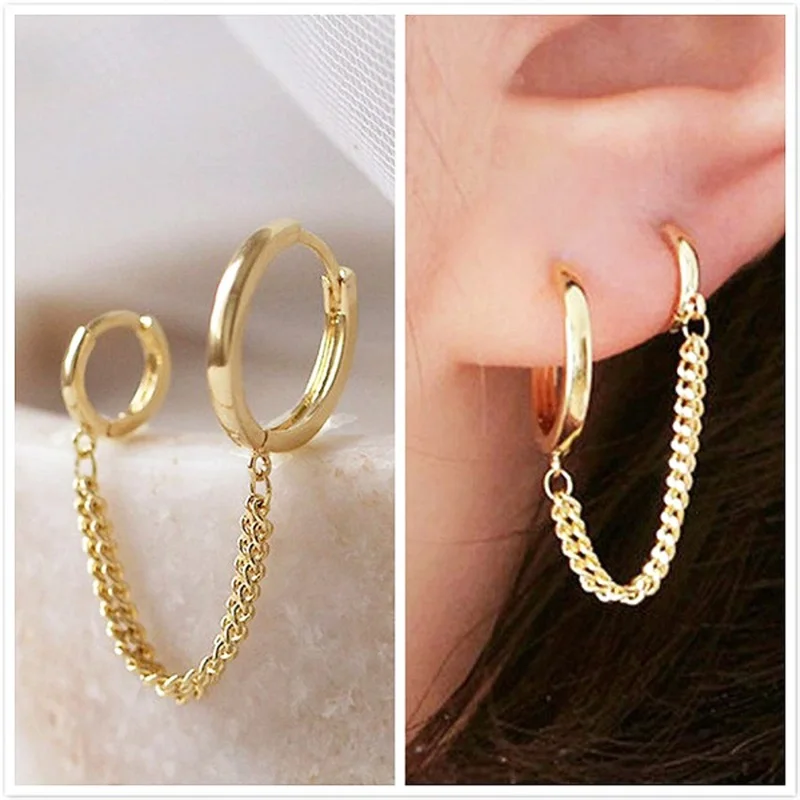 

CAOSHI 1 Pcs Simple Two Different Size Mini Circle with 2 Line Chain Women's Earrings Popular Personality Jewelry for Teen Girls