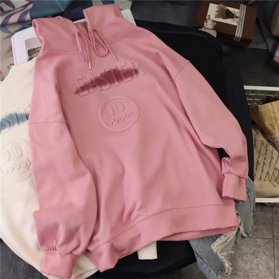 

Korean Style Three-Dimensional Relief Smiley Face Letter Sweater Loose Large Size Hooded Pullover Women's Spring
