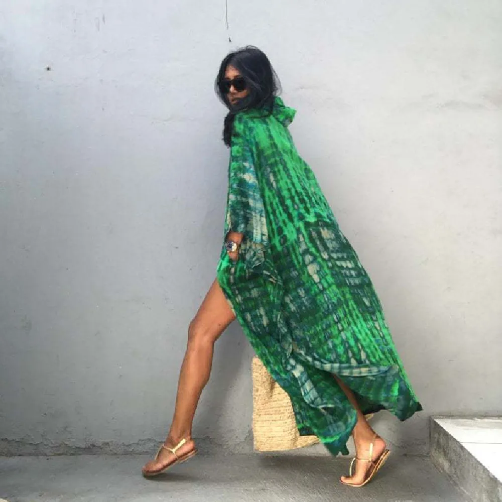 

2021 Bohemian Printed Women Beach Dress Bathing Suit Cover Up Summer Tunic For Women Hooded Beachwear Robe de plage Kaftan
