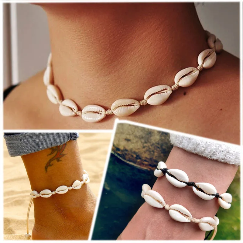 Богемное пляжное модное ожерелье браслет на ногу черная бежевая веревочная