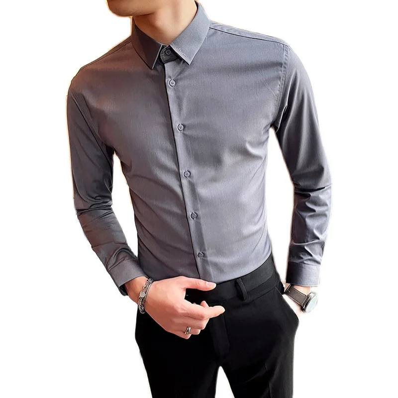 

High Quality Spring New 2021 Long Sleeve Dress Shirts For Men Clothing Simple Embroidery Collar Slim Fit Gentlemen Office Blouse