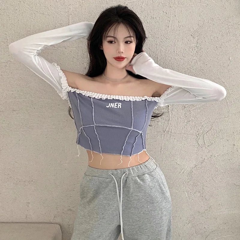 

Women's Slash Neck Patchwork Casual Sexy Navel Exposed Long-sleeved Knit T-shirt Tops