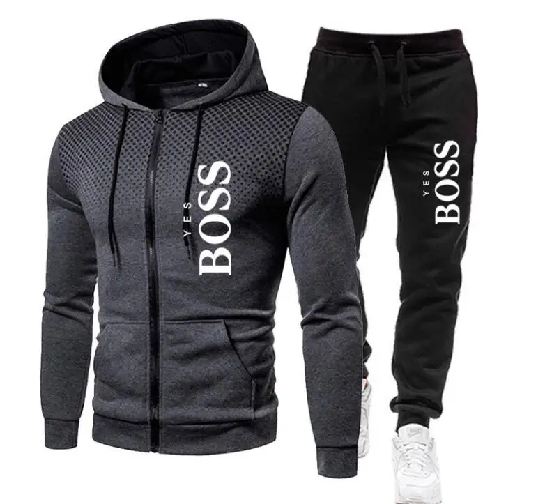 

New Yes Boss2021 Autumn And Winter Men's Fashion Zipper Hoodie + Pants Two Casual Outdoor Fitness Jogging Sportswear