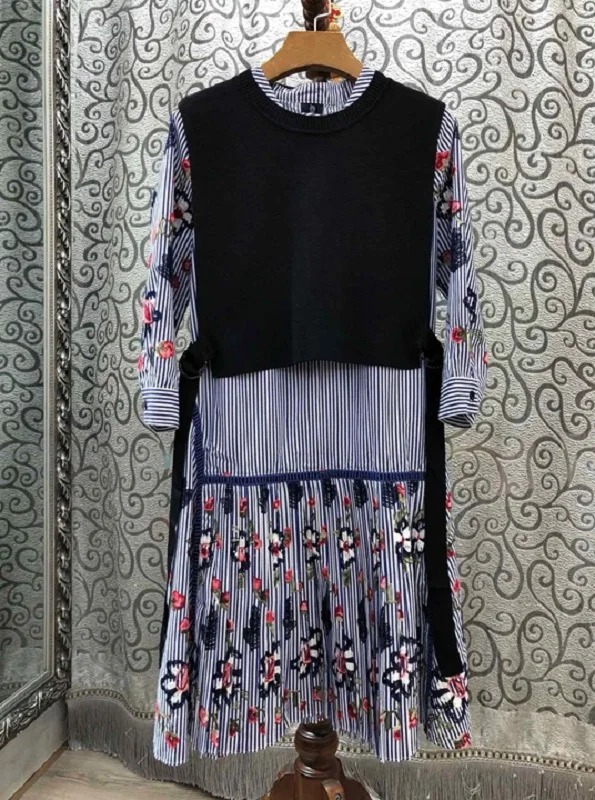 

High Quality Dress Set 2020 Autumn Casual Suit Women Striped Print Floral Embroidery Dress+Sleeveless Knitted Vest Tops Coat