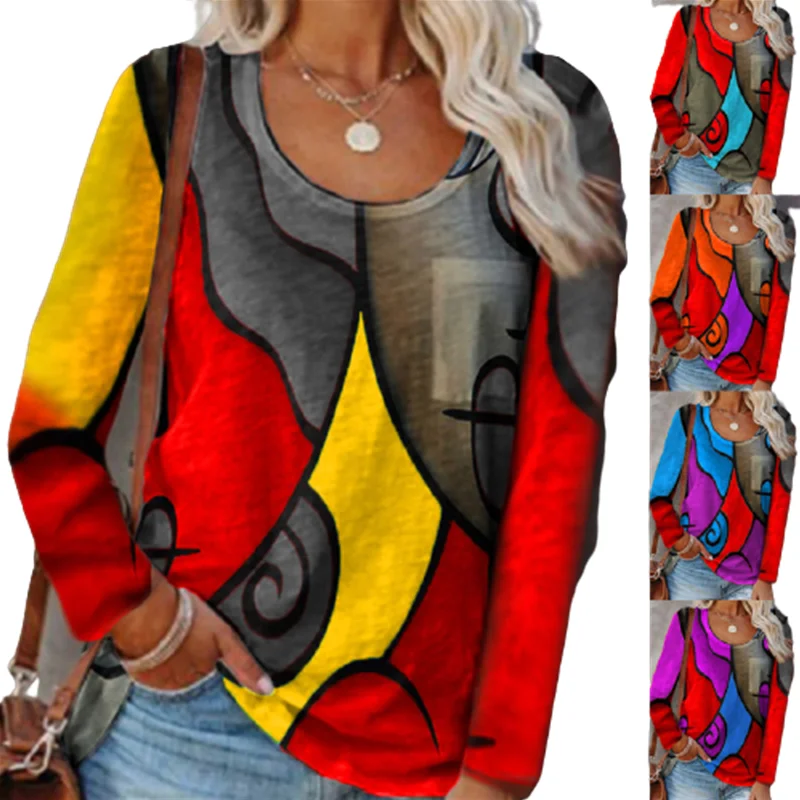 Женская Повседневная футболка с длинными рукавами и принтом контрастных цветов