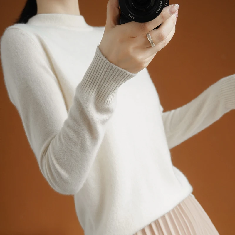 

half turtleneck sweaters for women real wool sweater winter warm full sleeves casual Tops short female fashion pullover