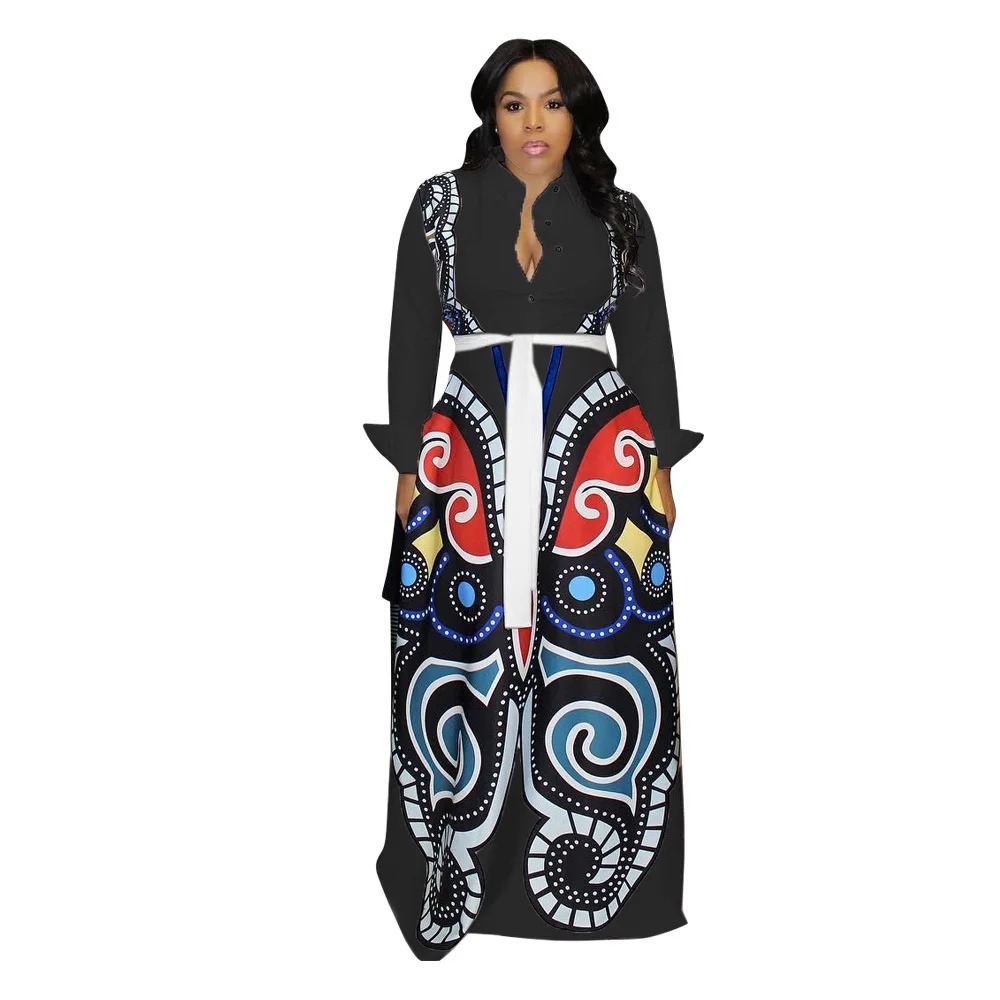 

African Print Dresses For Women Deep V Neck Dashiki Long Maxi Dress Plus Size Boubou Africain Femme Ladies Clothing