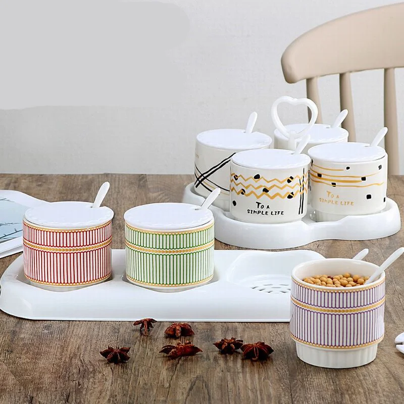 

Kitchen Seasoning Box Ceramic Seasoning Pot Three-piece Seasoning Pot Seasoning Box with Lid Salt Shaker Seasoning Bottle Set
