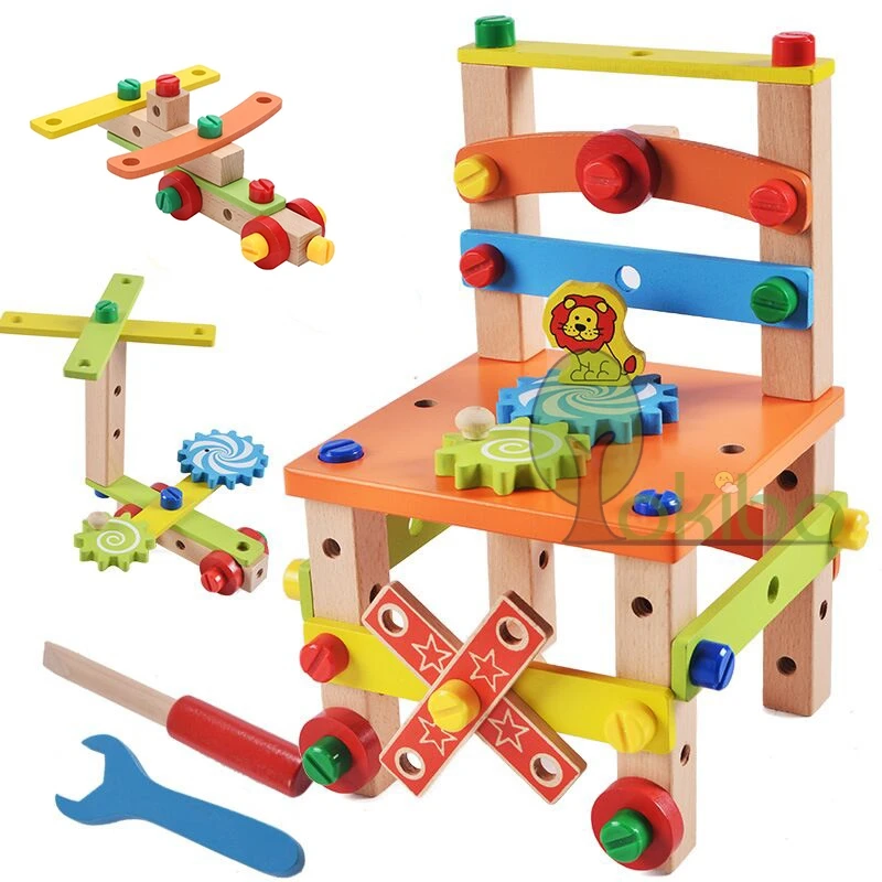 

Wooden Assembling Chair Montessori Toys Baby Educational Wooden Toy Preschool Multifunctional Variety Nut Combination Chair Tool