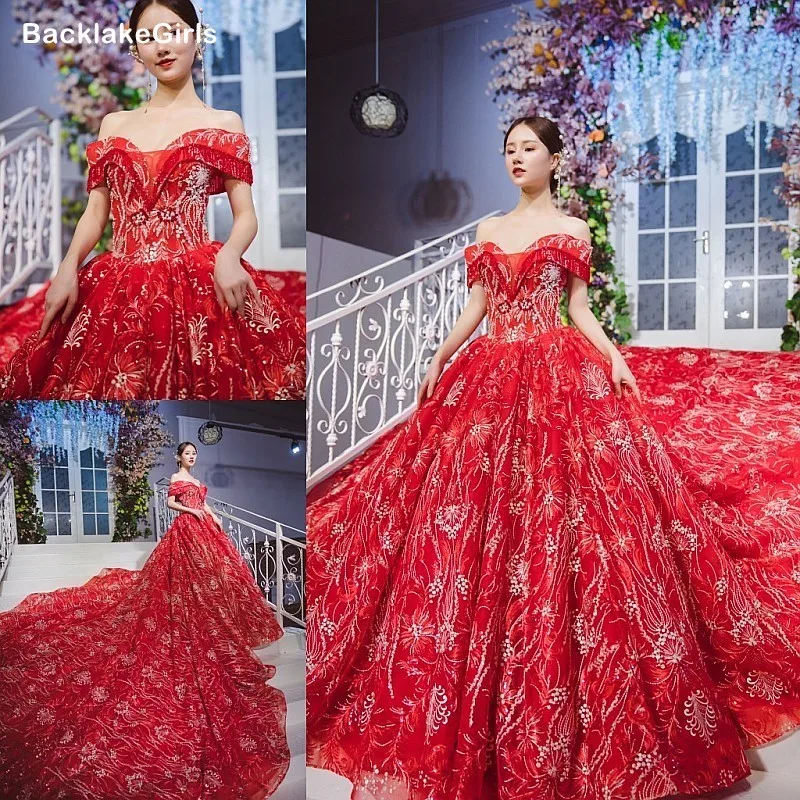 BacklakeGirls блестящее церковное красное свадебное платье 2020 с открытыми плечами