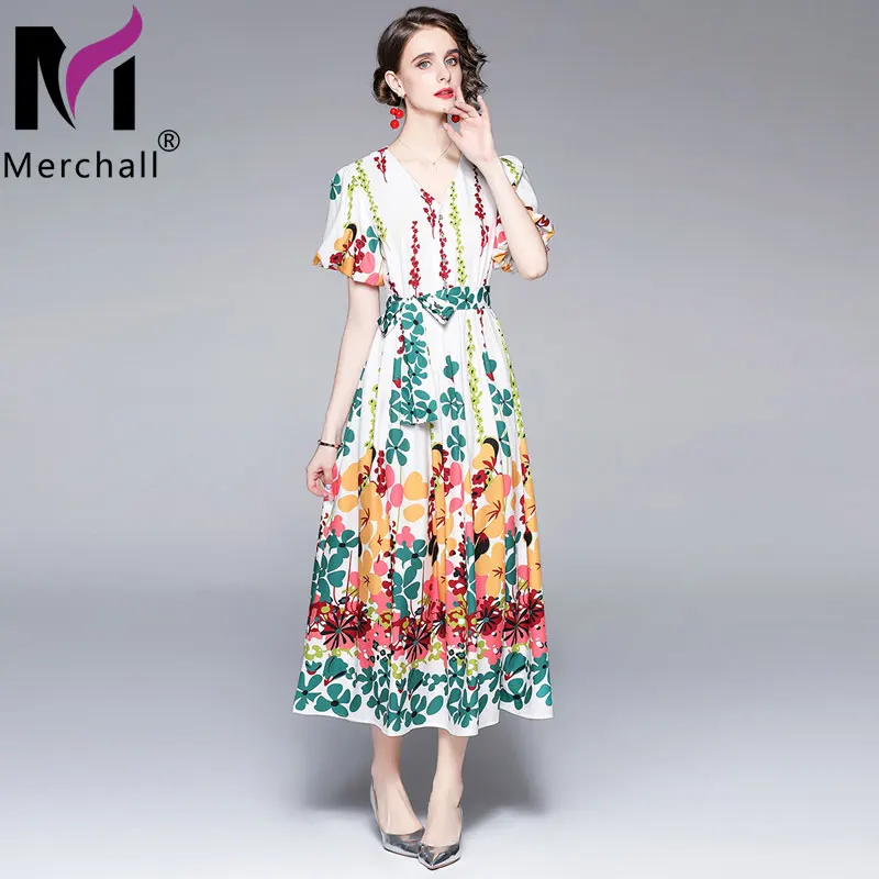 

Bohemian Flower Print Long Dress Female 2021 Holiday V Neck Short Sleeve Bow Sashes Maxi Beach Dress Woman Summer Vestido M65642