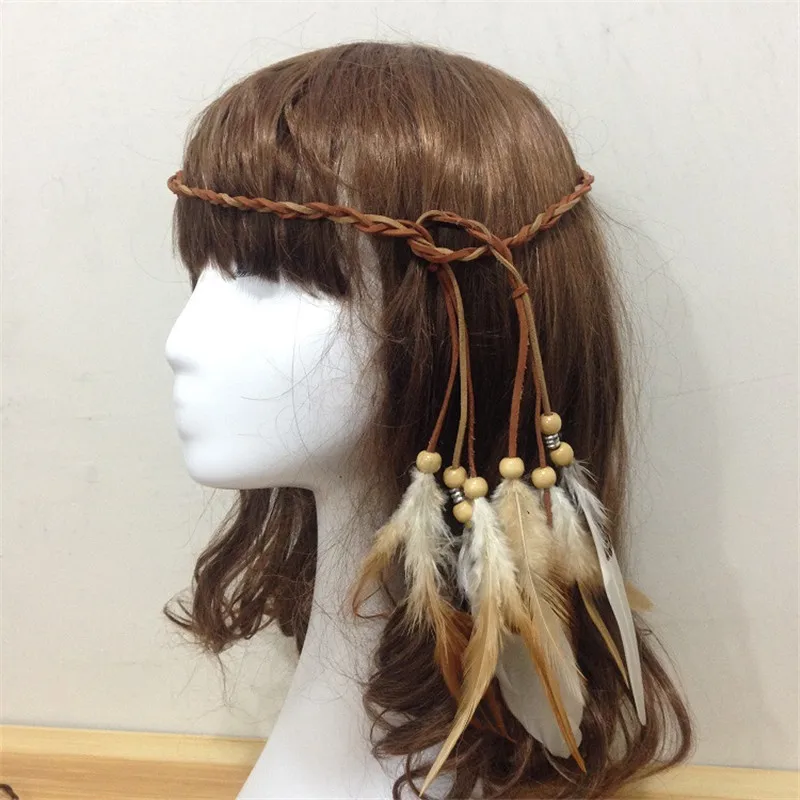 

Bohemian Style Indian Feather Headband Headdress Hair Rope Headwear Tribal Hippie Handmade Hair Accessories for Women 36