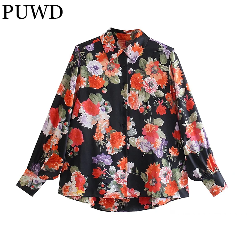 

Женская винтажная Свободная рубашка PUWD с отложным воротником, осень 2021, модная женская зеленая блузка с длинным рукавом и принтом, Женская ш...
