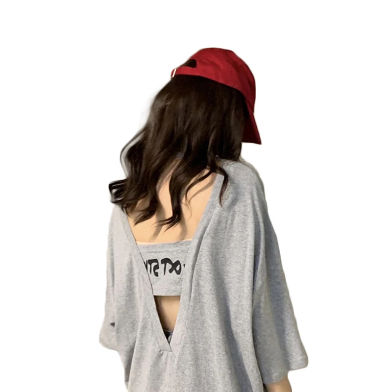 

Yellow T-shirt Women Summer 2021 Fashion Korean Style Clothes Women Loose Backless Short Sleeve t shirts for Women Tops femme