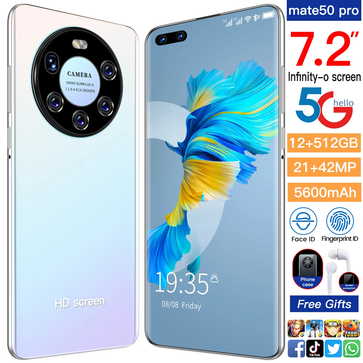 

2021 Latest Smart Phone Mate 50 Pro 7.2C 12GB Ram 512GB Rom Dual SIM Unlocked Smartphone Android 10.0 Deca Core 4G/5G Mobile Pho