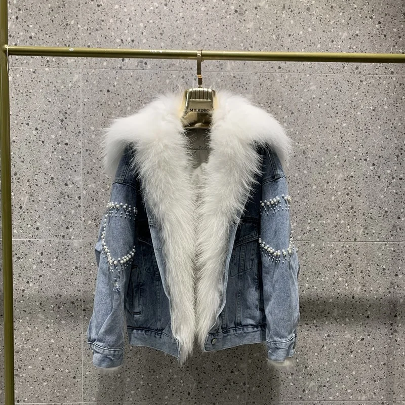 High-Quality Heavy Industry Beaded Coat 2022 New Female Winter Detachable Liner White Raccoon Dog Fur Collar Denim Down Jacket