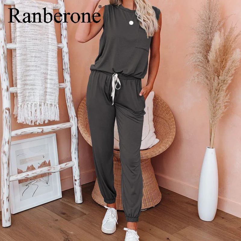 

Ranberone Suit Women Sport Solid Color Sleeveless And Trousers Loose Casual Suit Fitness Tracksuit 2021 2 Piece Sportswear