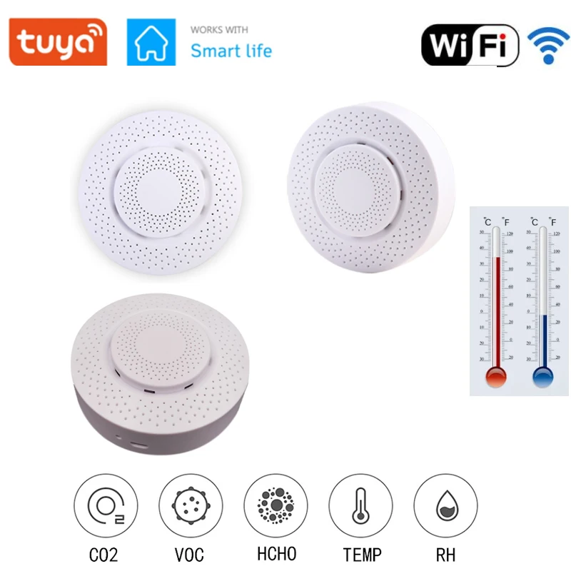 

Tuya умный WIFI детектор углекислого газа CO2 Датчик воздуха формальдегид VOC датчик температуры и влажности приложение контроль воздуха коробка