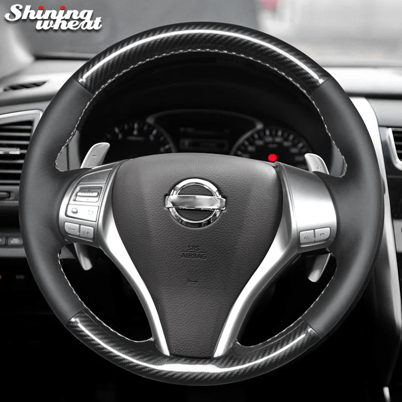 

Hand Sew Black Genuine Leather Pu Carbon Fiber Steering Wheel Cover for Nissan 2014 X-Trail QASHQAI Sentra 2013 Teana