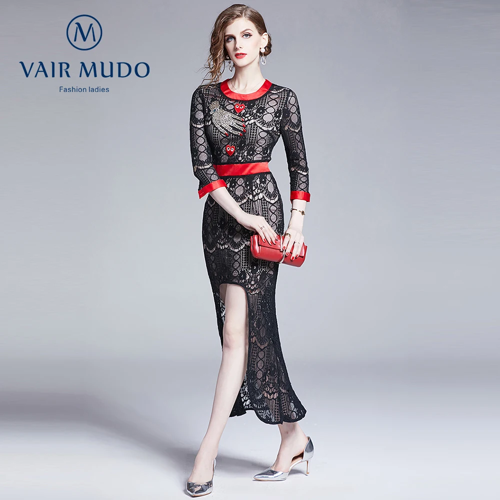 

2021 New Summer Autumn Dress Fashion Lace Dress Slim Waist Slimming Elegant Female Lace Black Sexy Dress O-Neck Handmade Y-195