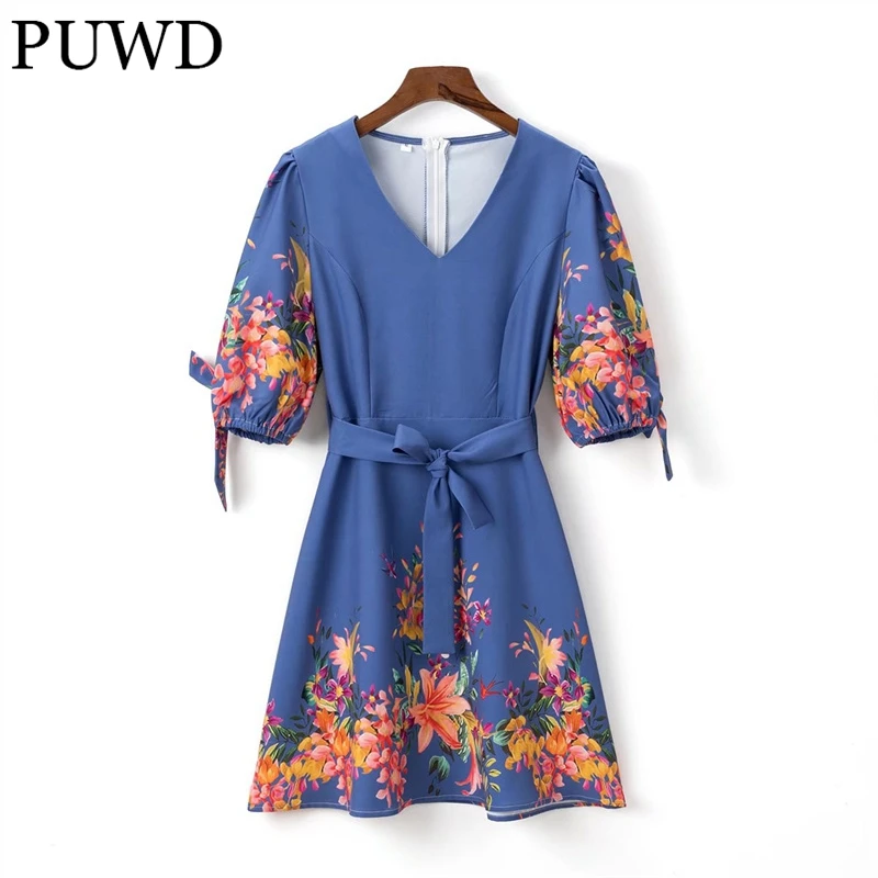 

PUWD V Neck Blue Dress Women Flower Print Short Sleeve Slim 2022 Spring Fashion Ladies Casual Dresses Female Mini Dress Sashes