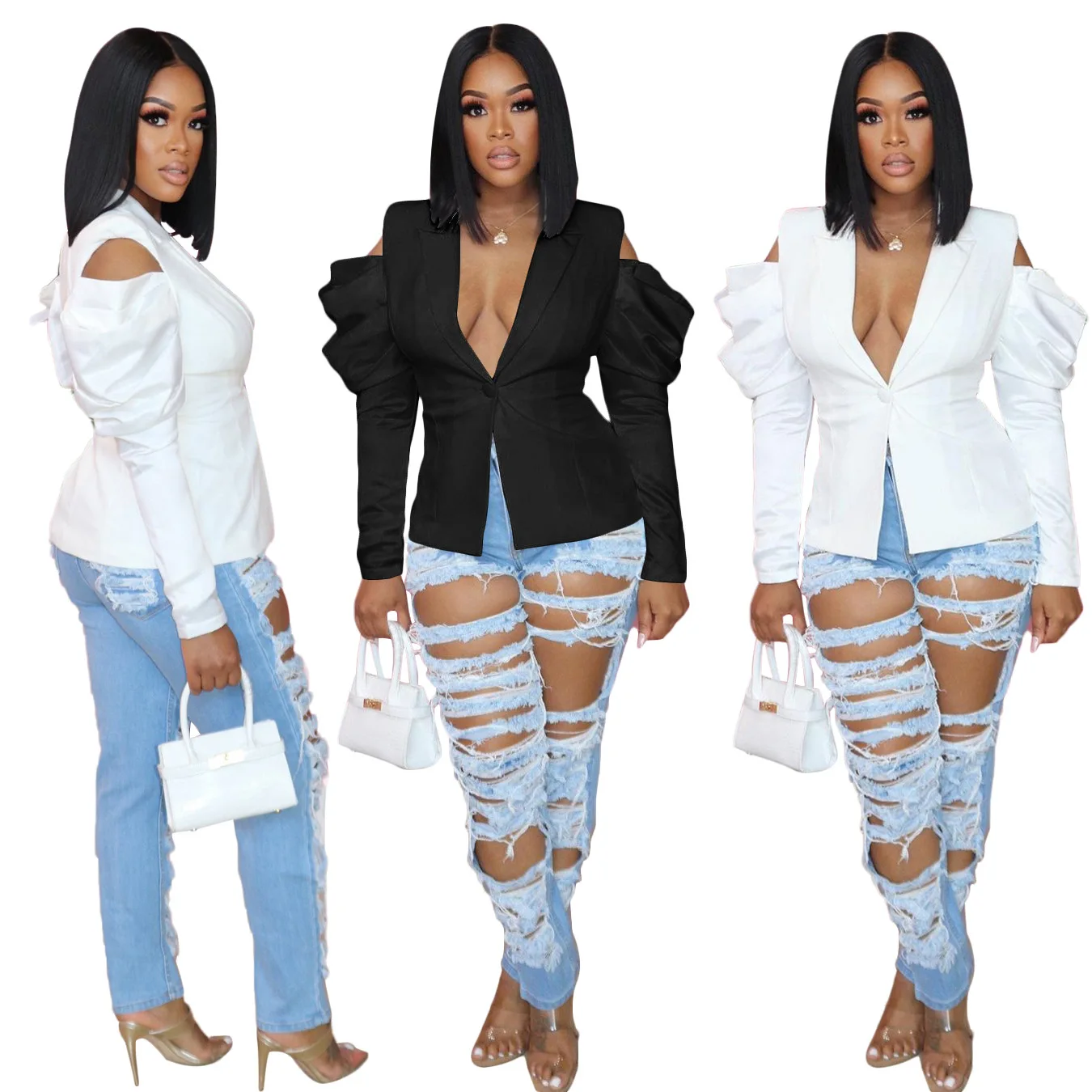 

RStylish 2021 Autumn Fashion Women Solid Color Bubble Long Sleeves Off-The-Shoulder Office Lady Suit Jacket