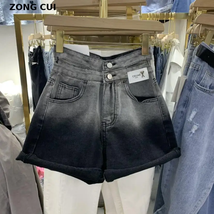 

Korean fashion high waist gradient Black Denim Shorts summer women's fashion casual 2-button wide leg pants jeans 2021