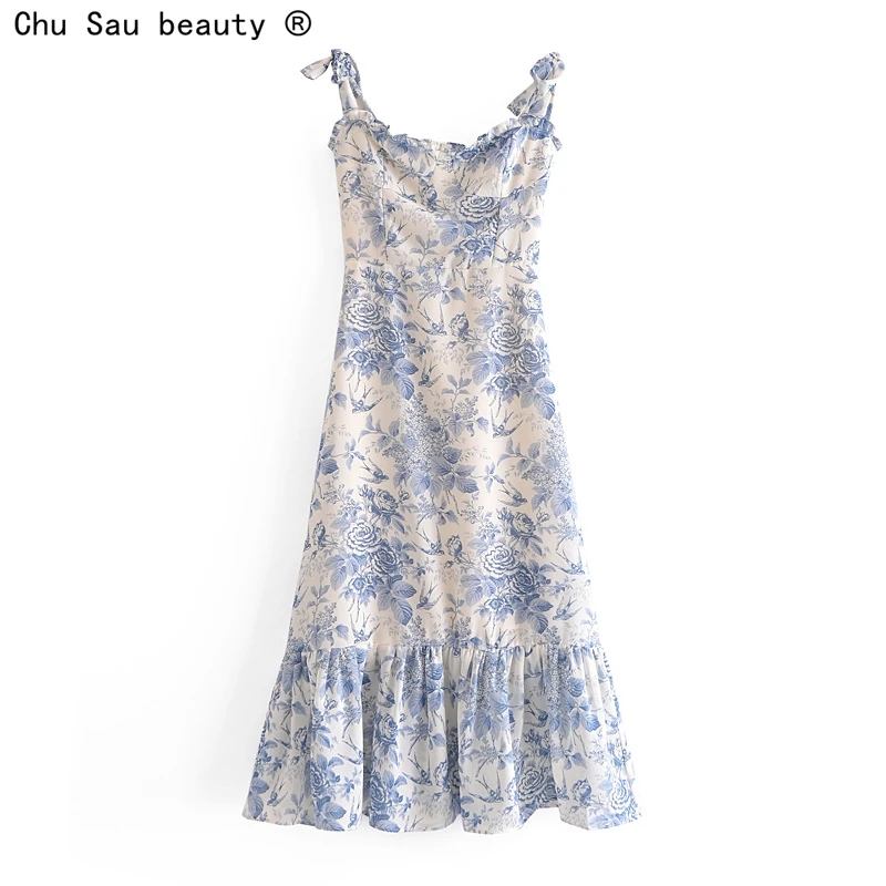 

2021 Summer New Lace Up Bowknot Spaghetti Strap High Waist French Vintage Printed Ruffle Camisole Dress Female Fashion