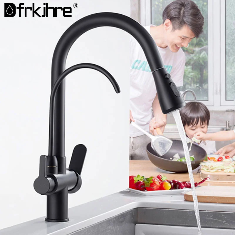 Filtered Crane For Kitchen Matte Black Pull Out Spray 360 Rotation Water Filter Tap Three Ways Sink Mixer Faucet | Обустройство дома