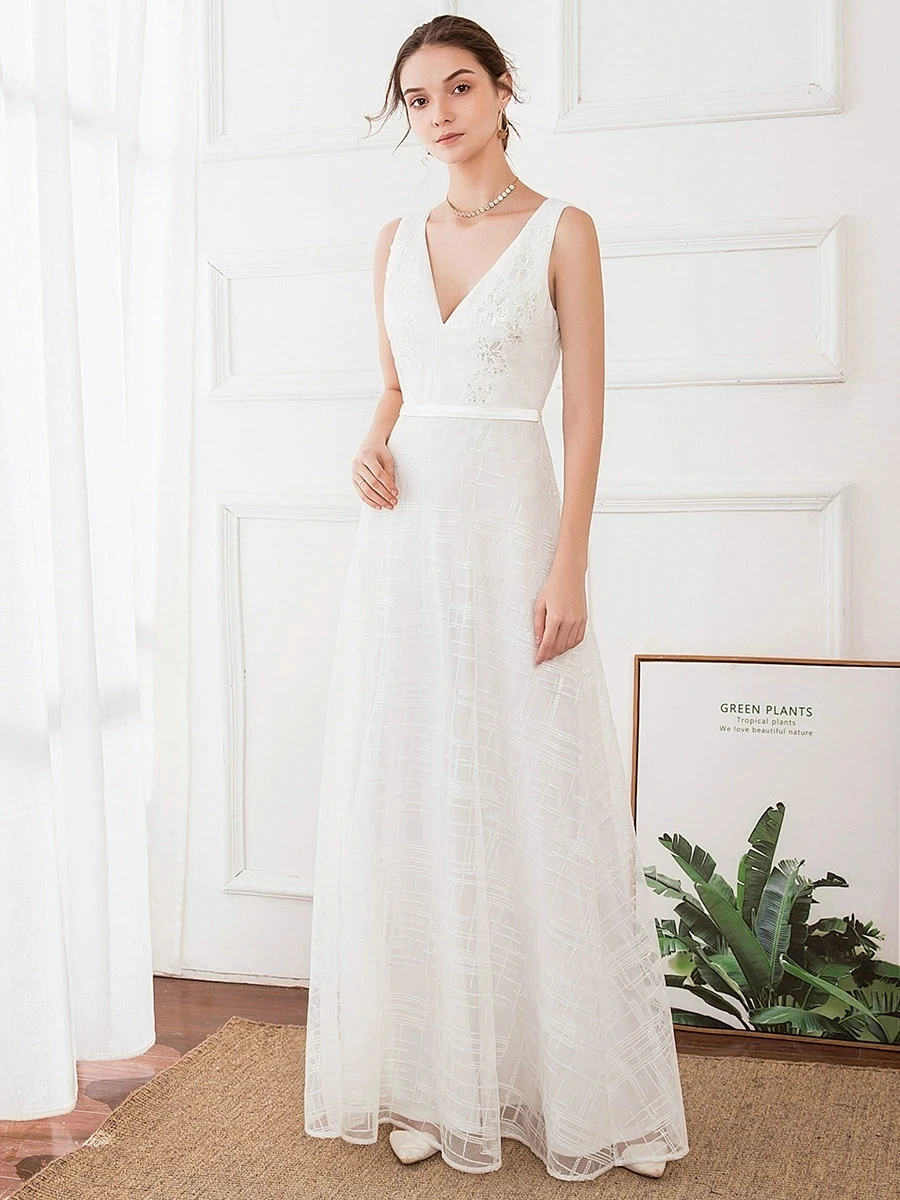 

Women's Double V-Neck Floral Lace Wholesale Wedding Party Evening Dress