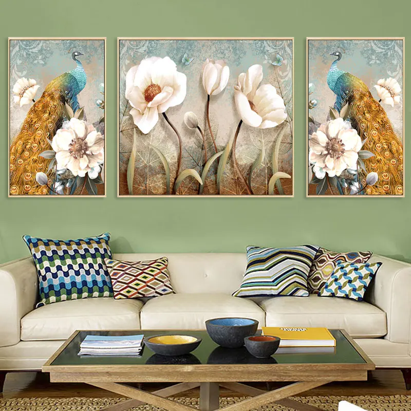 

White Flowers And PeacockPainted Picture Print Picture Canvas Poster Nordic Wall Art Print Painting Modern Living Room Decoratio