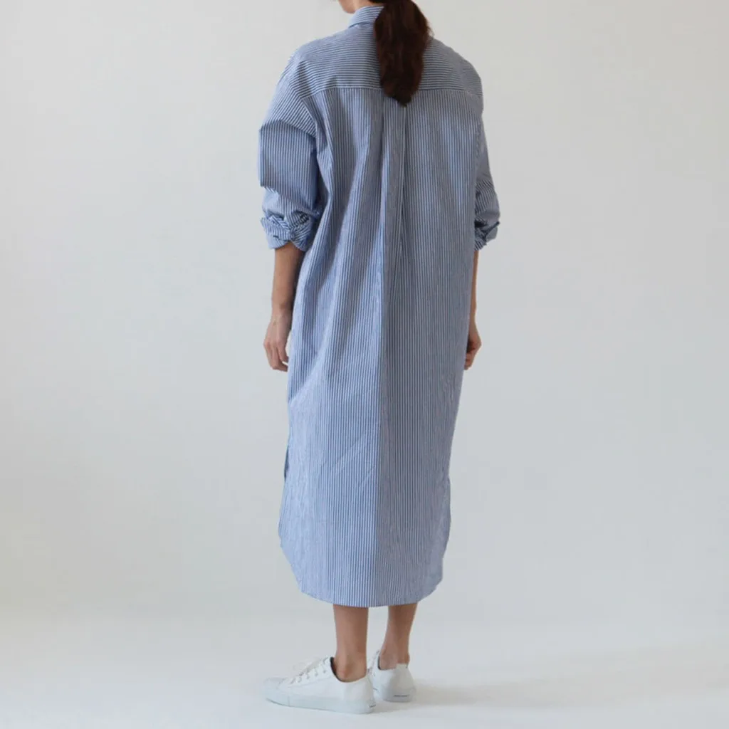 

Fashion solid color ladies striped shirt mid-length knee-length loose shirt skirt Women's Striped Blouse Long Mid-Calf Loose