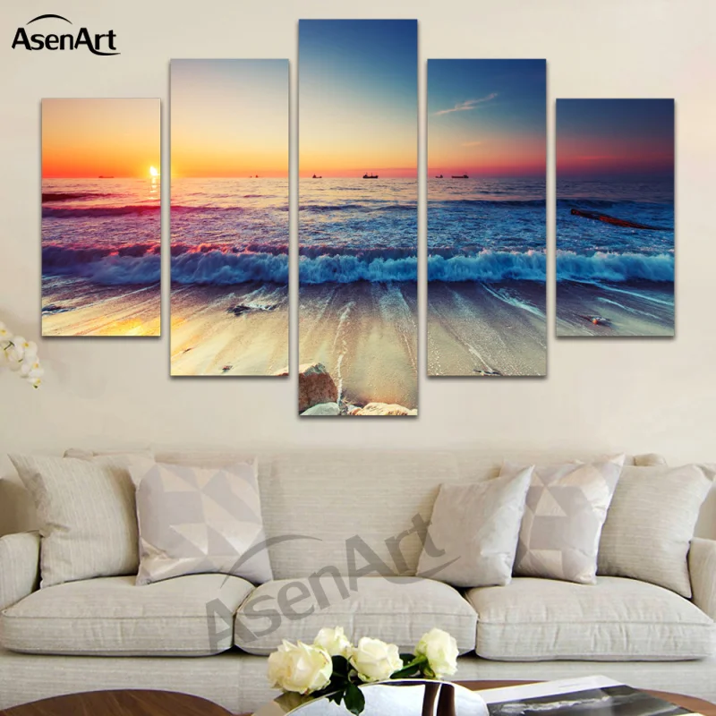 

5 Panel Wall Art Seaside Landscape Painting Sunset Seascape Canvas Prints Home Decor Picture for Living Room Unframed
